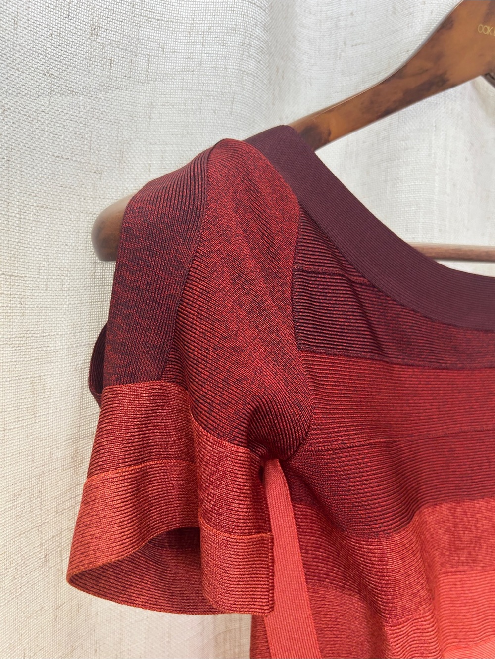 Herve Leger Signature Bandage Striped Ombre Dress in Burgundy, Coral & Tan - Picture 3 of 15